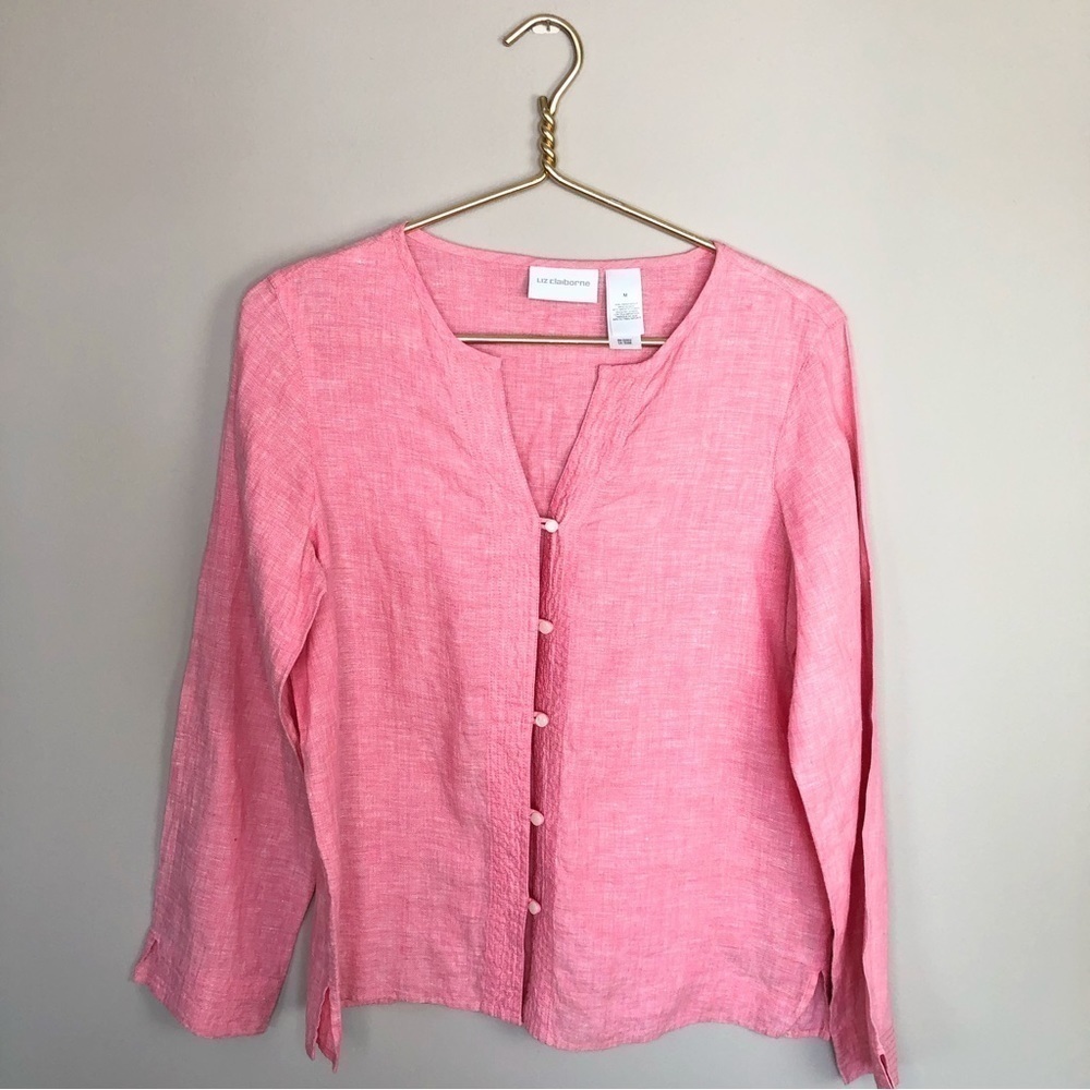 LIZ Claiborne pink 100% linen long sleeve Pearl button shirt NWOT M